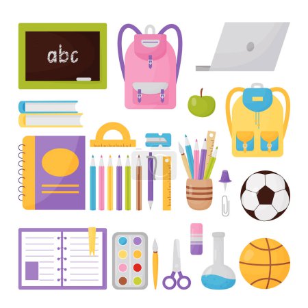 Set Schulsachen. Zu den Unterrichtsmaterialien gehören Bücher, Rucksack, Laptop, Ball, Lineal, Notizblock, Farben, Buntstifte, Schere, Apfel. Vektor isolierte Bildungselemente im Comic-Stil