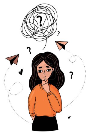 Illustration for Portrait thoughtful confused girl, confused thoughts and tangled tangle with question mark, problem solving. Vector illustration. Color doodle. Psychological concept finding solutions and sad woman - Royalty Free Image