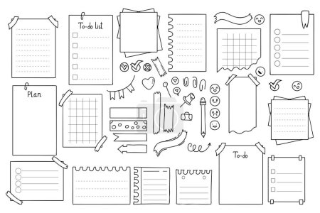 Illustration for Vector Doodle sheets of various notebooks. Set Label for notebook, diary, stationery sheets, planners, to do list. Isolated Hand Drawn Banners for design, sketch pages for school notes or information - Royalty Free Image