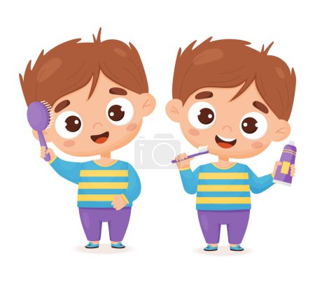 Illustration for Cute boy brushes her teeth and combs her hair with comb. Concept of hygiene, personal care and beauty. Vector illustration in cartoon style for design, decor, print and kids collection - Royalty Free Image