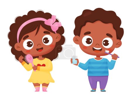 Illustration for Cute ethnic girl combing her hair and dark-skinned boy brushes her teeth. Personal hygiene, personal care and beauty. Vector illustration children in cartoon style for design, decor, kids collection - Royalty Free Image