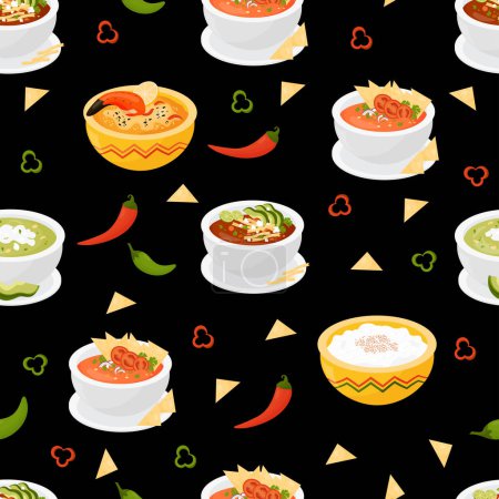 Illustration for Mexican tomato soup with tortilla chips, green avocado soup, rice pudding and Hot crab pie on black background with chili peppers. Vector illustration. Endless background with national food in plates - Royalty Free Image