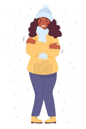 Frau friert in Winterkleidung und zittert unter Schnee. Zeichentrick-Flachvektorillustration. Konzept Wintersaison und das Leiden an niedrigen Temperaturen.