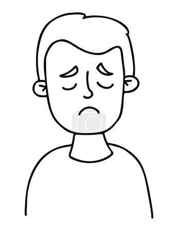 Illustration for Face sad boy. Portrait of an upset child with closed eyes. Vector linear hand drawing doodle. Avatar male baby face for design, decor, social media - Royalty Free Image