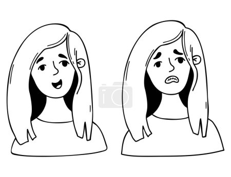 Illustration for Sad depressive and joyful girl. Female portraits in cartoon doodle style. Vector linear hand drawing. Female emotional character portrait for use as icons, avatars for social networks, design - Royalty Free Image