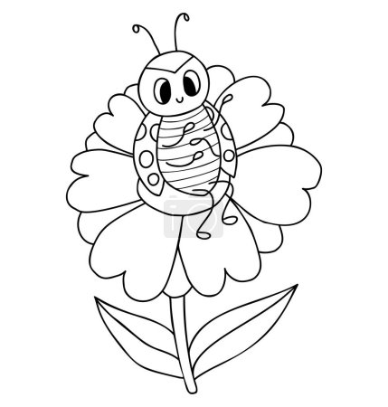 Linda mariquita. Pequeño insecto divertido en flor. Ilustración vectorial. Esquema de dibujo a mano. doodle personaje mariquita para la colección de los niños, colorear, diseño, decoración