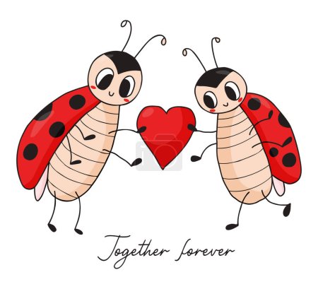 Valentine card with cute ladybugs. Loving couple of funny insects ladybird with heart. Together forever. Vector illustration. Hand drawn doodle style