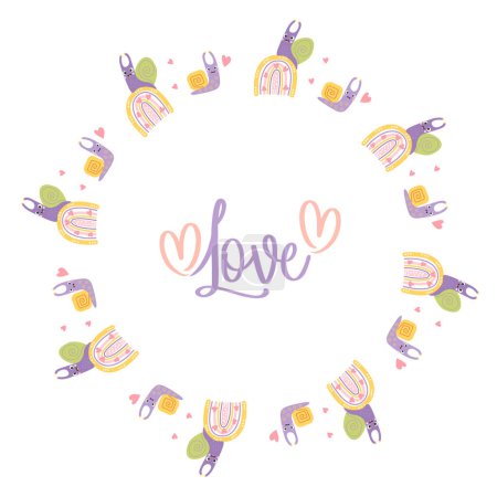 Téléchargez les illustrations : Round frame with cute snails in love on rainbow and with heart and word - Love. Vector illustration. Valentine card, napkin, round postcard, for print, decor and design - en licence libre de droit