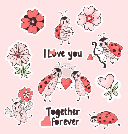 Téléchargez les illustrations : Collection stickers ladybug and love. Cute insect ladybird with flower and letter, couple in love with heart and cupid beetle with an arrow. Vector isolated drawings for design, valentine, print - en licence libre de droit