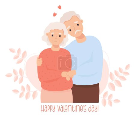 Téléchargez les illustrations : Old, aged man and woman cute elderly couple in love. Card Happy Valentines Day. Vector Flat cartoon style illustration. Holiday concept happy grandpa and grandma. love and longevity - en licence libre de droit