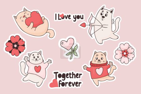 Collection stickers cats in love. Cute cupid kitten and happy pets with heart and flowers. Vector illustration. isolated romantic animals for design, decor, printing, greeting cards, valentines