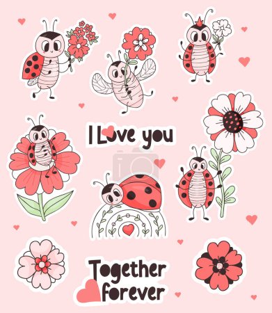 Téléchargez les illustrations : Set stickers cool ladybug and love. Cute insect ladybird with flower and romantic bug on rainbow. Vector isolated drawings for design, decor, printing, greeting cards, valentines - en licence libre de droit