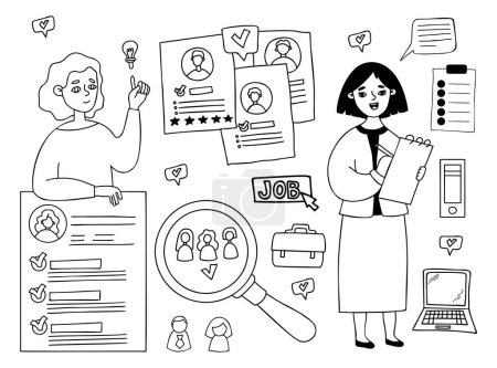 Téléchargez les illustrations : Collection job. Candidate girl with resume and business woman interviews applicants, examines documents of questionnaire. isolated Vector outline drawing. doodle for design business and work themes - en licence libre de droit