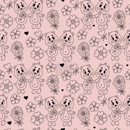 Téléchargez les illustrations : Romantic seamless pattern. Cute enamored bears with flowers on light pink background. Vector illustration in doodle style. Endless background for valentines, wallpapers, packaging, print - en licence libre de droit