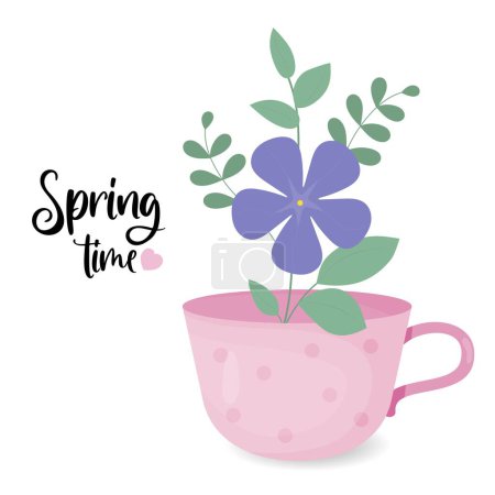 Illustration for Spring time poster. Periwinkle flower. Blooming purple Vinca minor with leaves in cup. Vector illustration in flat style - Royalty Free Image