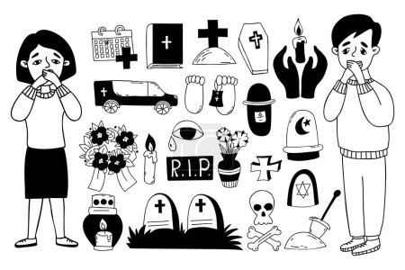 Illustration for Collection death doodles. Man and woman heartbroken, shocked. Funeral symbols - grave, cross, cemetery, coffin and hearse, ashes and lampada, wreath and bible. Isolated vector drawings - Royalty Free Image
