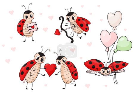 Téléchargez les illustrations : Set ladybug and love. Cute insect ladybird with letter and balloons, couple in love with heart and cupid beetle with an arrow. Vector illustration. isolated drawings for design, valentine, print - en licence libre de droit