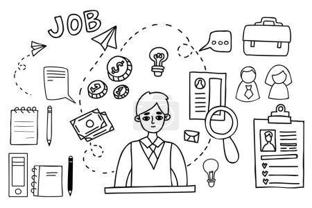 Téléchargez les illustrations : Collection business doodle. Guy office worker with arrows, money, coins and resume. concept of planning, strategy, ideas, job search. Isolated vector Outline drawings. Male business character - en licence libre de droit