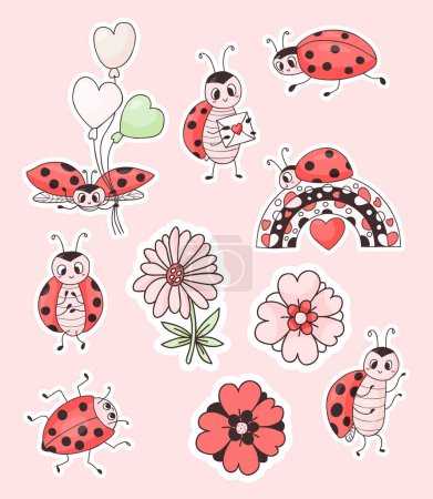 Téléchargez les illustrations : Collection of ladybug stickers. Cute little insect ladybird with balloons, flowers and rainbow. Vector isolated drawings for kids collection, design, print - en licence libre de droit