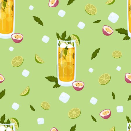 Illustration for Seamless pattern with summer cocktail Passion Fruit Mojito in glass with ice cubes , lime and mint on green background. Vector pattern with latin american tropical drink - Royalty Free Image