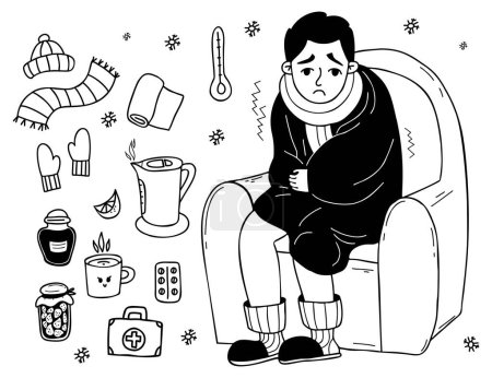 Illustration for Sickness and cold. Sick unhappy guy wrapped in blanket sits in chair and trembles. Near pills, scarf, jam and hot kettle. Collection Vector isolated linear drawings doodles - Royalty Free Image