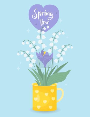 Ilustración de Bouquet spring flowers of lilies of the valley and purple crocus in cup. Spring time poster. Vector illustration for design, postcards, decor and decoration, print - Imagen libre de derechos