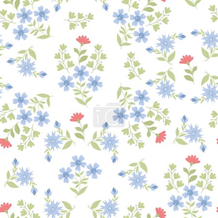 Illustration for Floral seamless pattern. Scattered flowers, cornflower, plant branches and leaves on white background. Vector illustration in flat style - Royalty Free Image