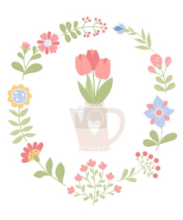 Illustration for Spring postcard frame. Bouquet of tulips in garden watering can and variety of flowers. Vector illustration. Isolated elements in flat style for design, decor, postcards and print - Royalty Free Image
