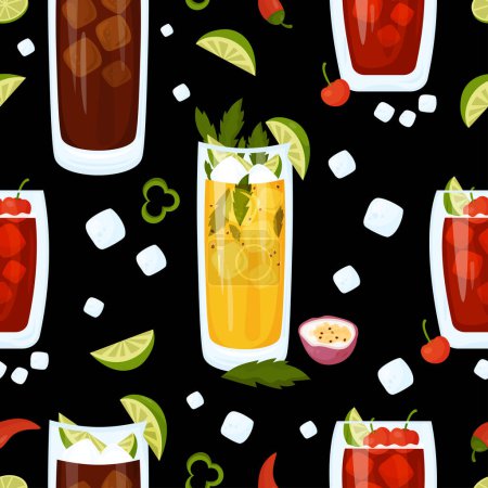 Illustration for Seamless pattern with Mexican cocktails. Passion Fruit Mojito, Charro Negro and Cherry limeade drink in glass on black background with ice cubes and chili. Vector pattern with latin american drink - Royalty Free Image