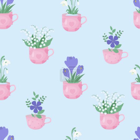Illustration for Spring floral seamless pattern. Bouquet flowers of snowdrop, May lilies of the valley, purple crocuses and periwinkle in cups on light blue background. Vector illustration - Royalty Free Image