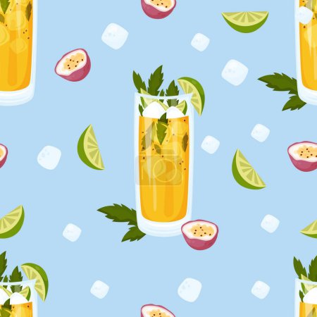 Illustration for Seamless pattern with summer cocktail Passion Fruit Mojito. Cuban cocktail in glass with ice cubes, lime and mint on blue background. Vector pattern with latin american tropical drink - Royalty Free Image