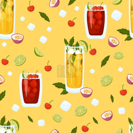 Illustration for Seamless pattern with Mexican cocktails. Passion Fruit Mojito and Cherry limeade drink in glass on yellow background with ice cubes, lime and mint. Vector pattern with latin american drink - Royalty Free Image