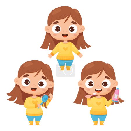 Illustration for Kids collection. Cute girl brushes her teeth and combing her hair with comb. Concept of hygiene, personal care and beauty. Vector illustration in cartoon style for design, decor, print - Royalty Free Image