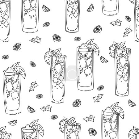 Illustration for Seamless pattern with glasses of Mexican cocktails Charro Negro on white background with lime slices. Vector endless background with latin american drinks in linear hand drawn doodle style - Royalty Free Image