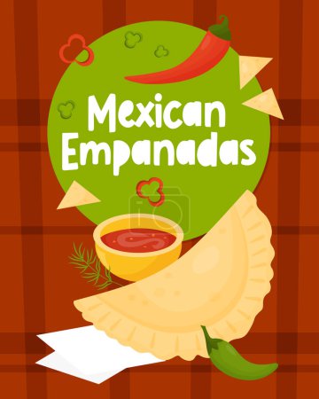 Illustration for Mexican Empanadas. Traditional popular national mexican food. Vertical poster in flat style. Vector illustration of Latin American national dish for menu design, gastronomic recipes and booklets - Royalty Free Image