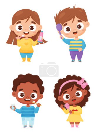 Personal hygiene, personal care and beauty. Boy and girl brush their teeth and comb their hair. Set cute light-skinned and dark-skinned ethnic children in cartoon style. Vector illustration