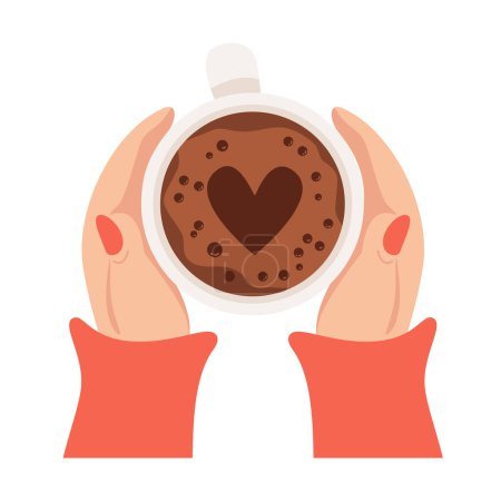 Female hands hugging hot coffee mug. Top view. Hot coffee with heart. Vector illustration. Hand drawn in flat style. Applicable for coffee house advertisement design, postcards, decor