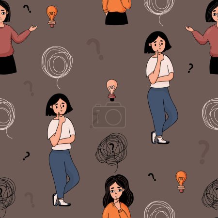 Seamless pattern with pensive girls with confused thoughts and question marks on gray background. Vector illustration for the design and decora of psychological concepts