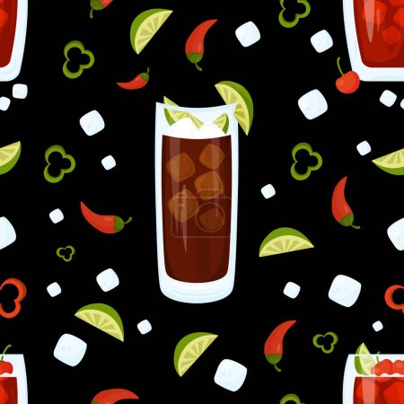 Illustration for Seamless pattern with Mexican cocktails. Charro Negro and Cherry limeade drink in glass on black background with lime slices, ice cubes and chili peppers. Vector pattern with latin american drink - Royalty Free Image