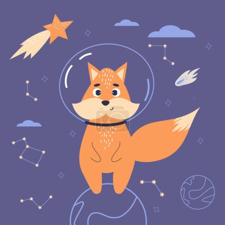 Illustration for Cute astronaut fox in space on blue background with stars, planets and meteorite. Vector illustration for baby collection, design, decor, cards and print - Royalty Free Image