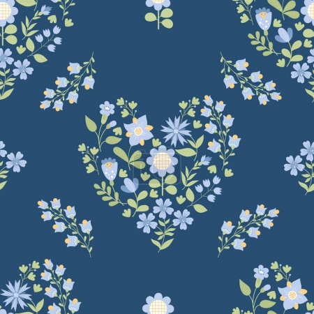 Illustration for Flower heart seamless pattern. Floral heart made of decorative flowers on blue background. Vector illustration in flat style for wallpaper, textile, packaging, decor and design - Royalty Free Image