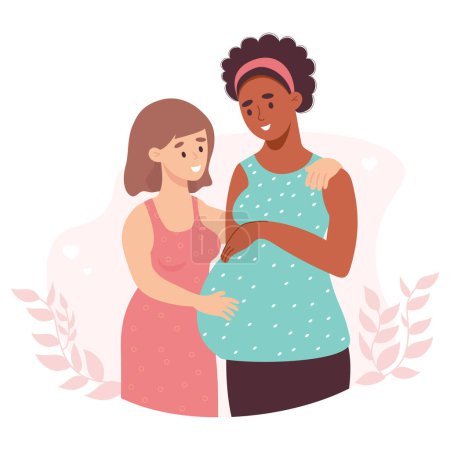 Illustration for Happy LGBT family. multiracial lesbian family. light-skinned girl with pregnant ethnic black woman. Vector illustration in flat cartoon style. concept of gender relations, surrogate motherhood - Royalty Free Image