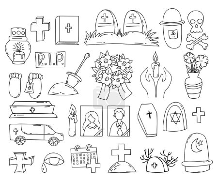 Illustration for Death and funeral symbol. Grave, cross, cemetery, portrait of deceased, lampada, coffin and hearse, skull and crossbones and ashes, wreath and candle. Set vector doodles. Isolated outline drawings - Royalty Free Image