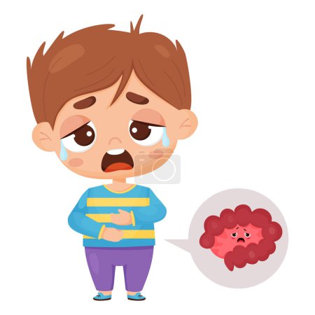 Illustration for Suffering sick boy on intestinal pain. Child is crying and holding his stomach. sad unhealthy internal organ intestines character. Pain in abdomen. Vector illustration in cartoon style - Royalty Free Image