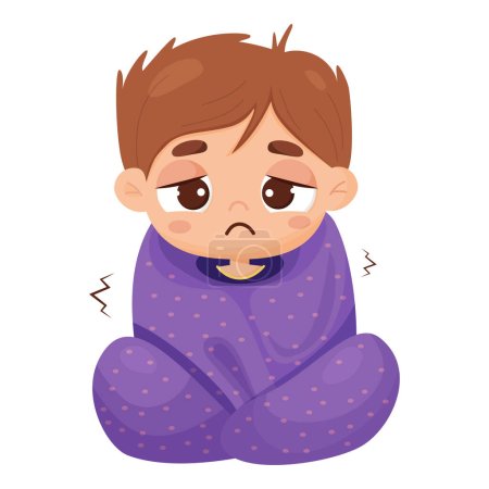 Illustration for Suffering sick boy wrapped in blanket trembles. Vector illustration in cartoon style. Sad child character - Royalty Free Image