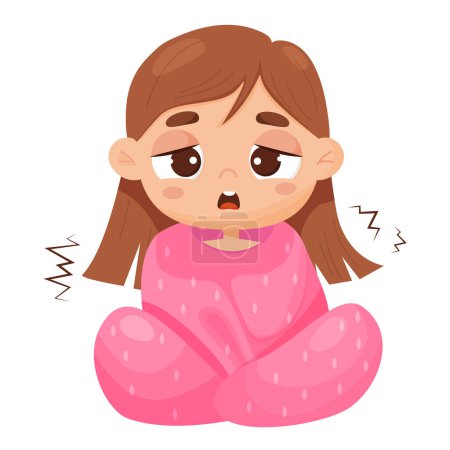 Illustration for Suffering sick girl wrapped in blanket. Vector illustration in cartoon style. Sad child girl character - Royalty Free Image