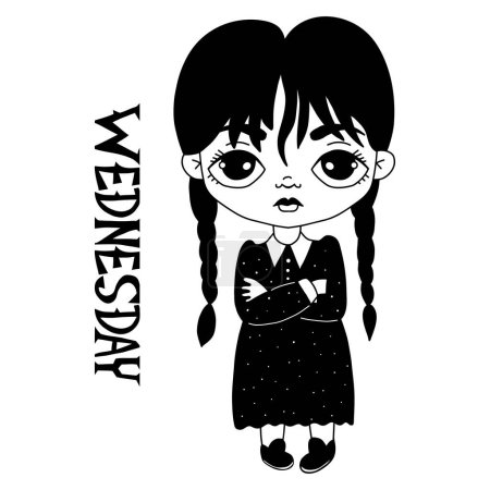 Illustration for Little cute Wednesday girl with braids with dark dress. Vector illustration. Hand drawn doodle - Royalty Free Image