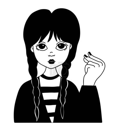 Wednesday. Cute girl wednesday addams with braids. Vector illustration. Hand drawn 