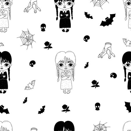 Illustration for Wednesday. Seamless pattern Halloween with little girls with braids with dress on background with skulls, bat and cobwebs. Vector illustration. Hand outline and black drawing in doodle style - Royalty Free Image