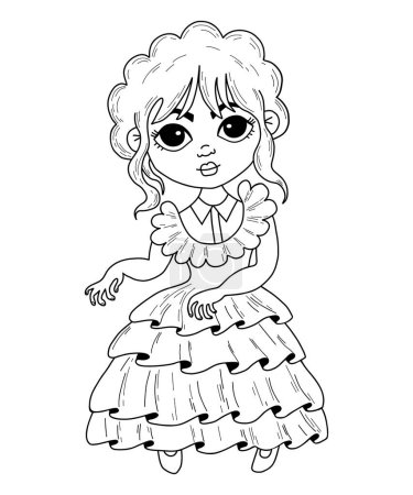 Illustration for This is fantasy dancing wednesday girl. Vector illustration. outline hand drawing cute character cartoon little girl - Royalty Free Image
